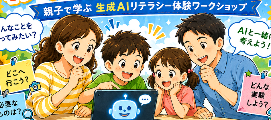 親子がタブレットのAIを囲んで夏休みの計画を考えているイラスト